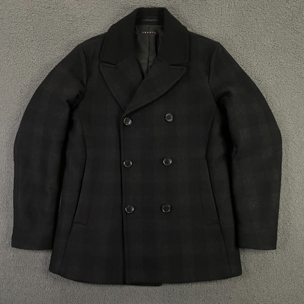 Theory‎ Pea Coat Mens Small Black Plaid Double Breasted Wool Navy Naval Dock